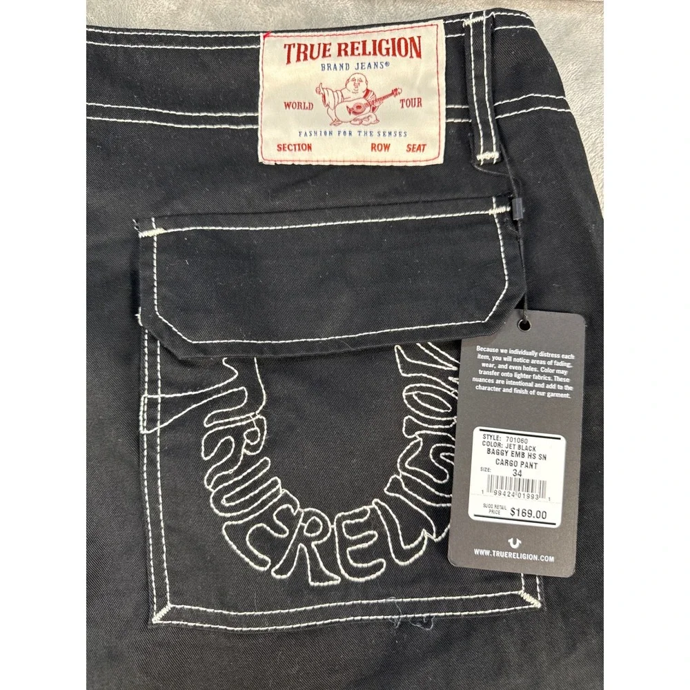 True Religion Cargo Pant Mens 34 Baggy EMB HS SN Jet Black Contrast Stitch NEW